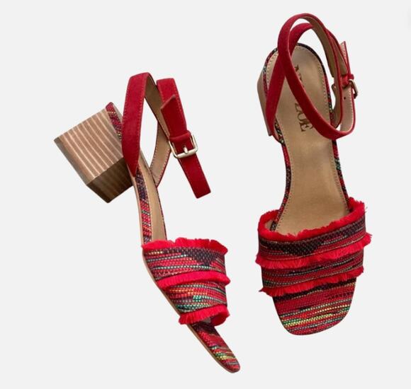 Nic + Zoe Shoes - NIC+ZOE Zaria Fringed Canvas Heeled Sandals Size 8.5M Red Black Multicolor